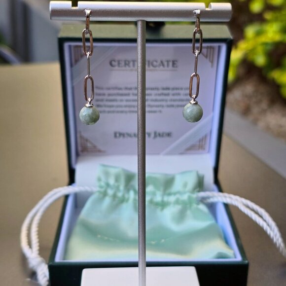 Dynasty ✦ Certified Jade Swirl Drops ✦ 925 Silver Marquise Earrings Green NWT - Picture 7 of 12